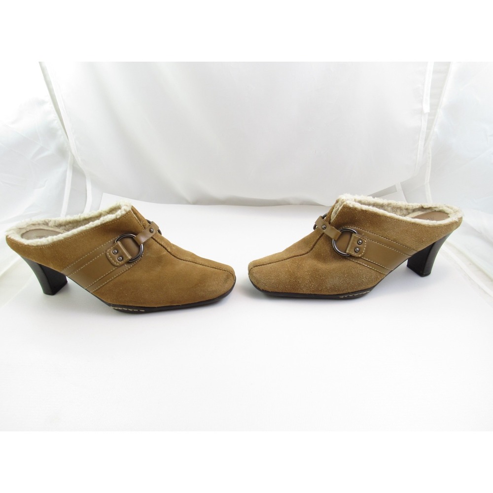 Aerosoles Women's 6.5M Brown Suede Faux Fur Lined Buckle Heel Mule Clogs